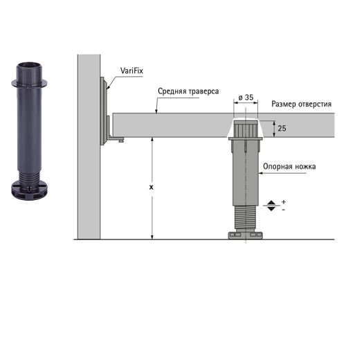 Опорна ніжка для середньої траверси, Н=190 мм, з регулюванням -42/+76 мм (47632) Hettich